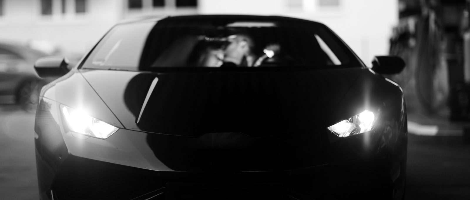 A sports car in black and white
