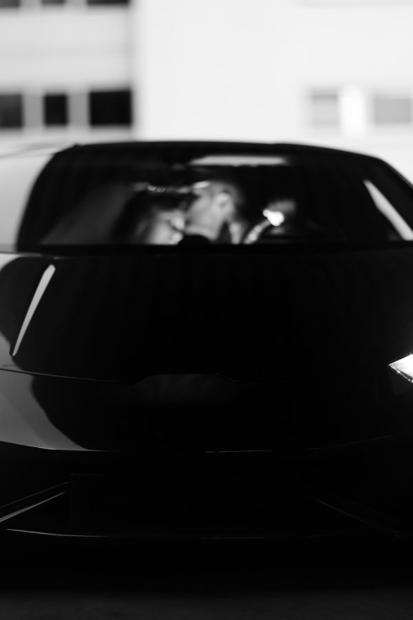 A sports car in black and white