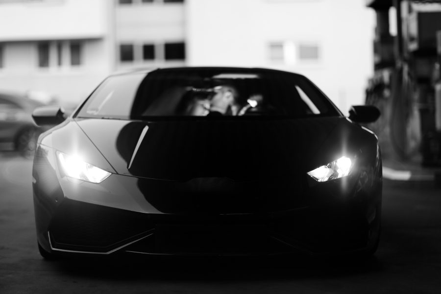 A sports car in black and white